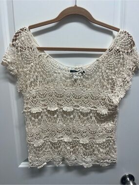 NWT Solution Cream Crochet Lace Short Sleeve Cotton Top OS Boho